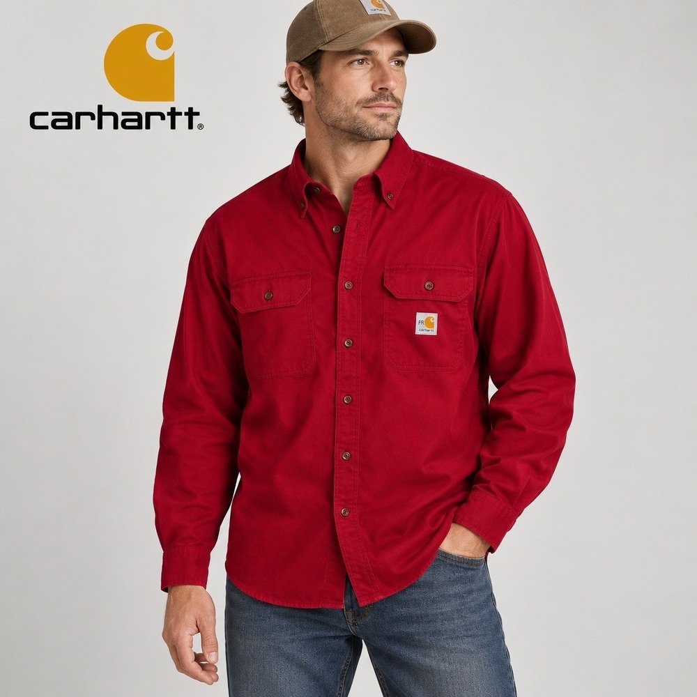 Carhartt Flame Resistant Shirt Men Size L Tall Red Long Sleeve Utility Workwear